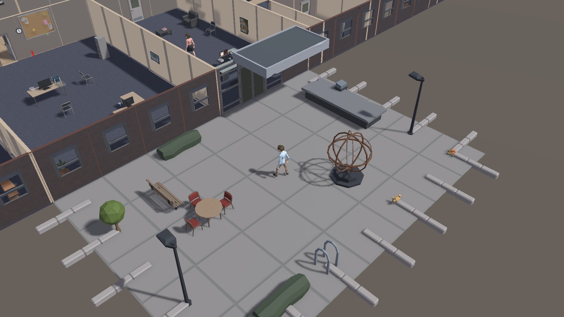 The player stands in the startup's courtyard, surrounded by the office floor.