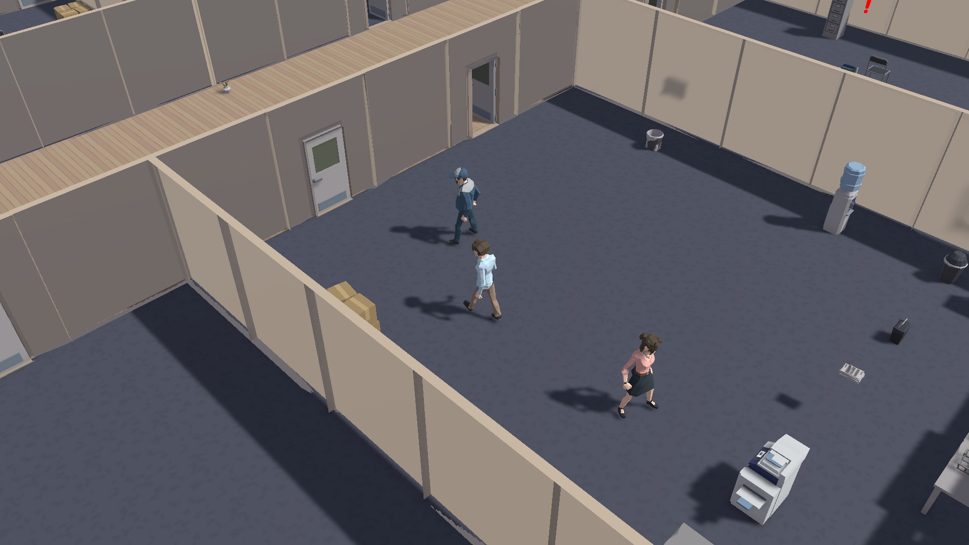 The intern passes coworkers moving through the copy room.