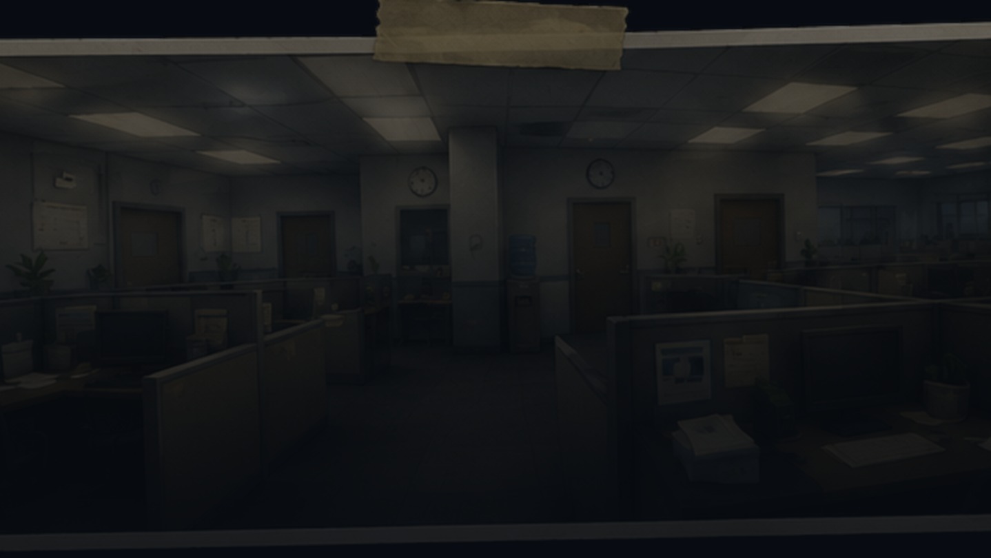A dim, lived-in open-plan office photographed like evidence in a personnel file.