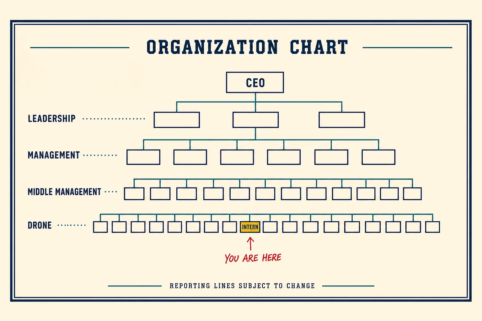 A corporate organization chart widening from CEO to drones, with one small intern box highlighted in the bottom row and marked You are here.