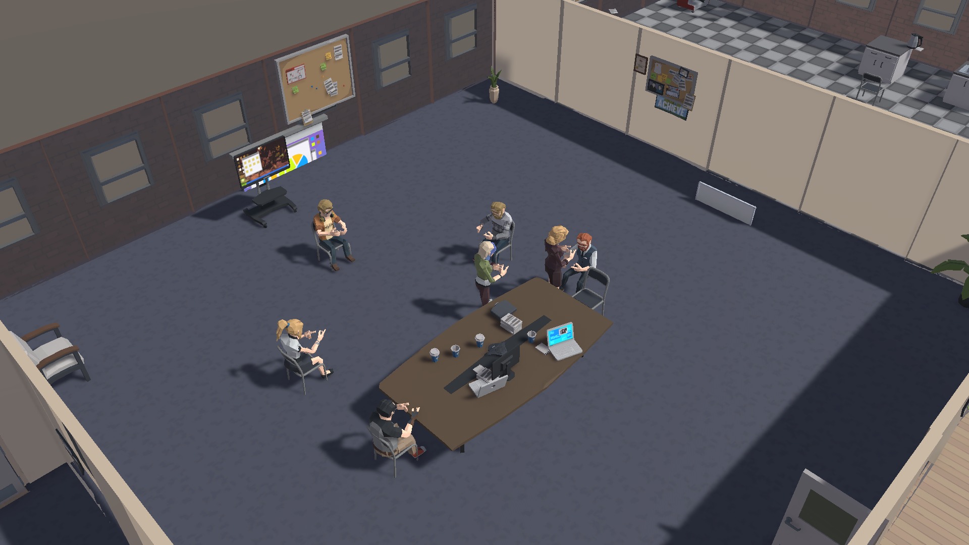 Coworkers gather around a conference table while the intern listens in.